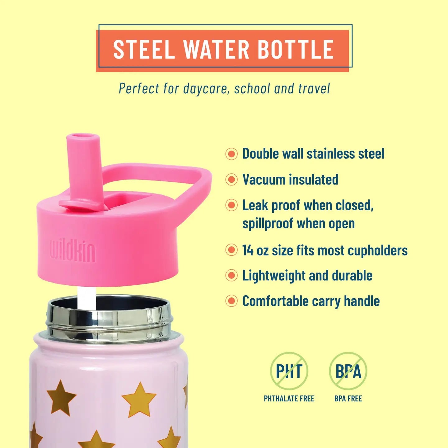 Pink and Gold Stars 14oz Steel Bottle