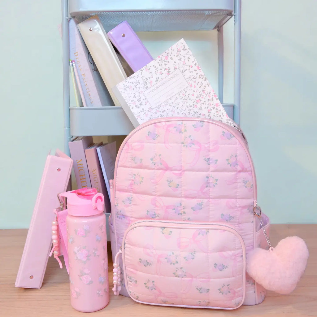 OMG ACESSORIES FLORAL BOW PRINT QUILTED BACKPACK WITH CHARM